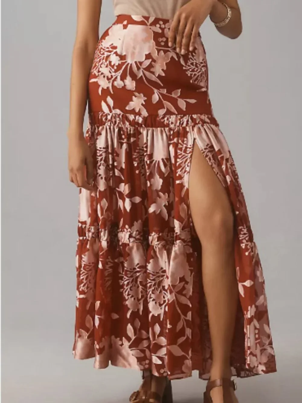 NWT Hutch Anthropologie Tiered Floral Maxi Skirt Red/White Size Large